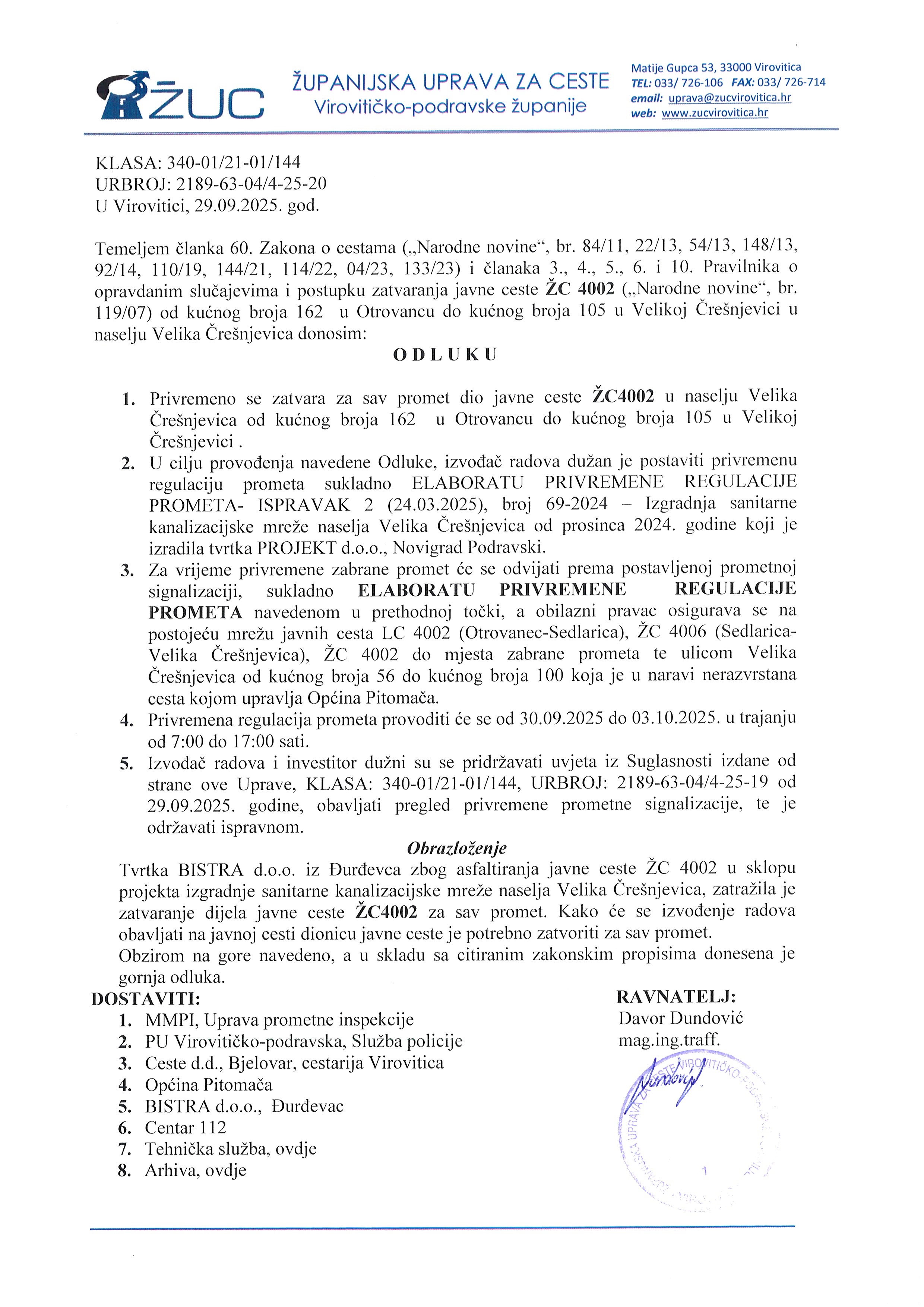 Odluka o privremenom zatvaranju prometa ZC 4002